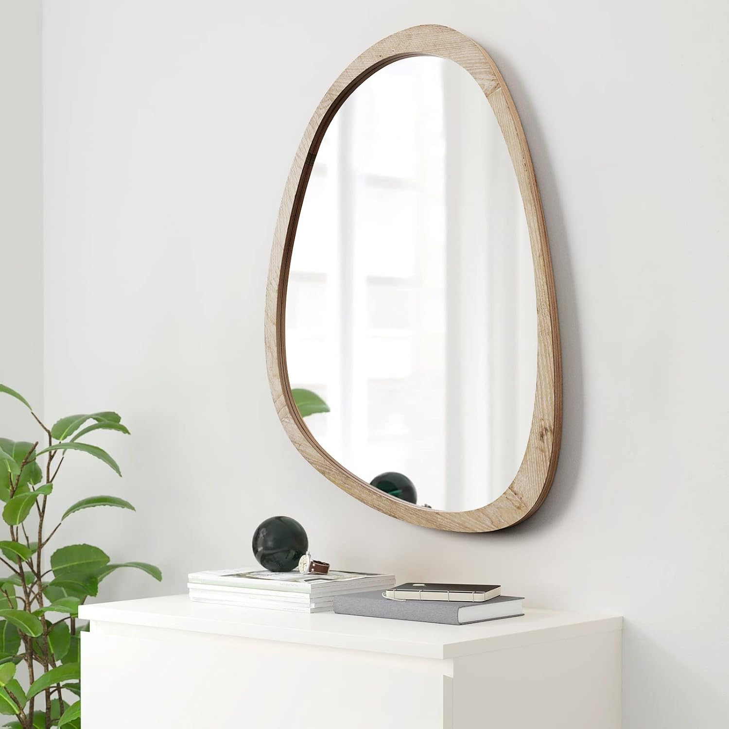 Irregular Wall Mirror for Decor,Wood Asymmetrical Mirror Modern Large Vanity Bathroom Mirror,24 x 36 inch Unique Decorative Mirror for Entryway,Bedroom,Living Room,Washroom Nature Wood 36"L x 24"W