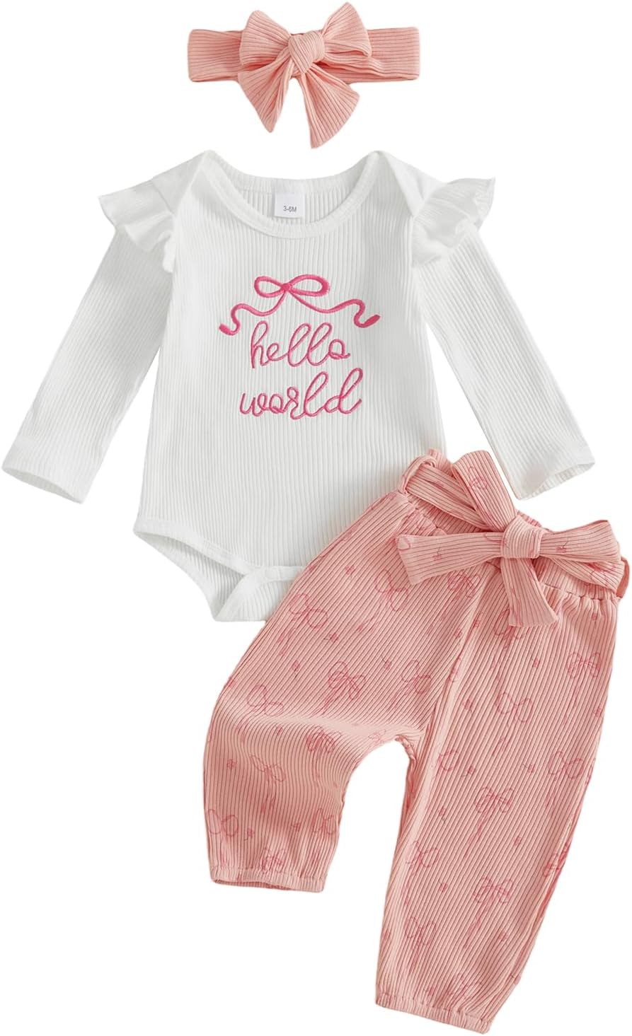 Twopumpkin Preemie Clothes Baby Girl Outfit Newborn Hello World Ribbed Romper Knitted Pants Headband Coming Home Outfits