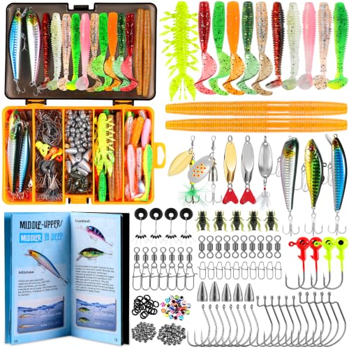 PLUSINNO Fishing Lures, 137Pcs Tackle Box with Tackle Included, Crankbaits, Spoon, Hooks, Weights & Other Accessories, Fishing Bait Lure Gear Kit Gift for Men Bass Freshwater
