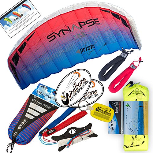 Prism Synapse Foil Power Kite Mega Tail Bundle (4 Items) + Prism 75ft Tube Tail + Peter Lynn Heavy Duty Padded Kite Control Strap Handles Pair + WindBone Kiteboarding Lifestyle Stickers (200 COHO) Nevada 