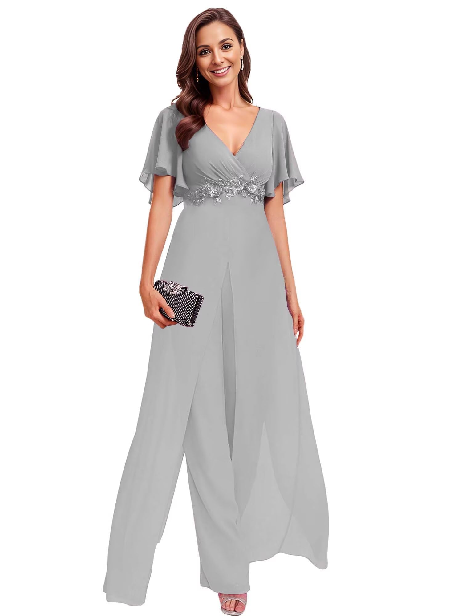 Chiffon Jumpsuit Mother of The Bride Pant Suits for Wedding Guest - V Neck Formal Party Prom Outfit