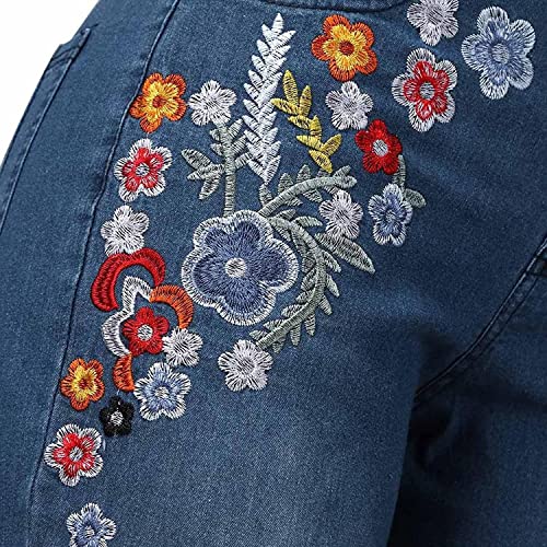 AULKEEP Women Embroidery Bell Bottom Jeans Slim Washed Floral Graphic Blue Jean Casual High Waist Pants4