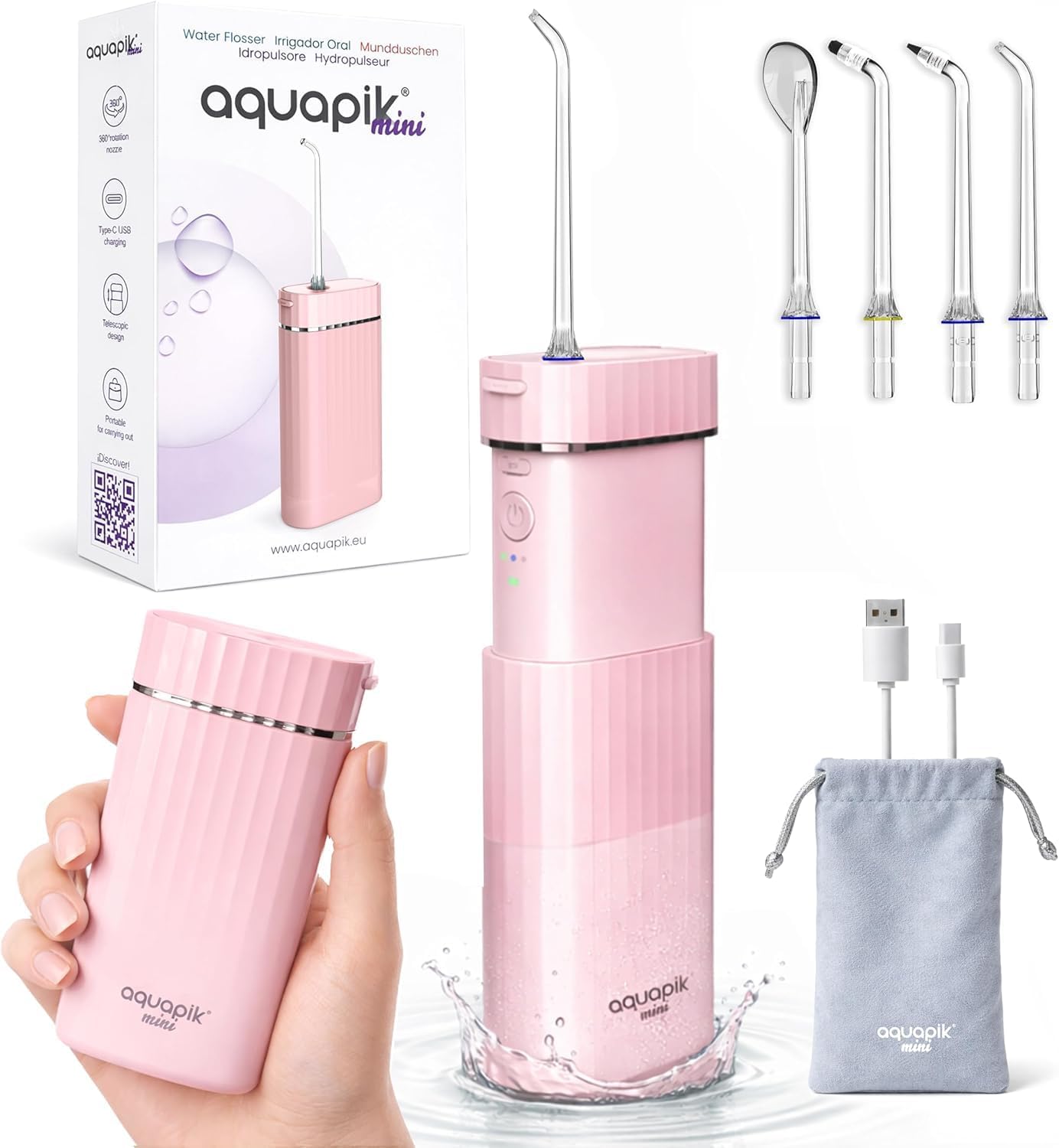 Aquapik Mini Portable Water Flosser, Cordless Travel Oral Irrigator with Telescopic 200ml Tank, 3 Modes, 4 Nozzles, USB-C Rechargeable, IPX7 Waterproof, for Braces, Implants & Sensitive Gums (Pink)