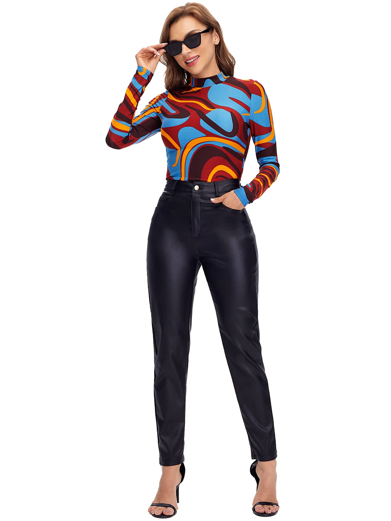 MakeMeChic Women's High Waist Pockets Straight Leg Jeans Leather Look Pants