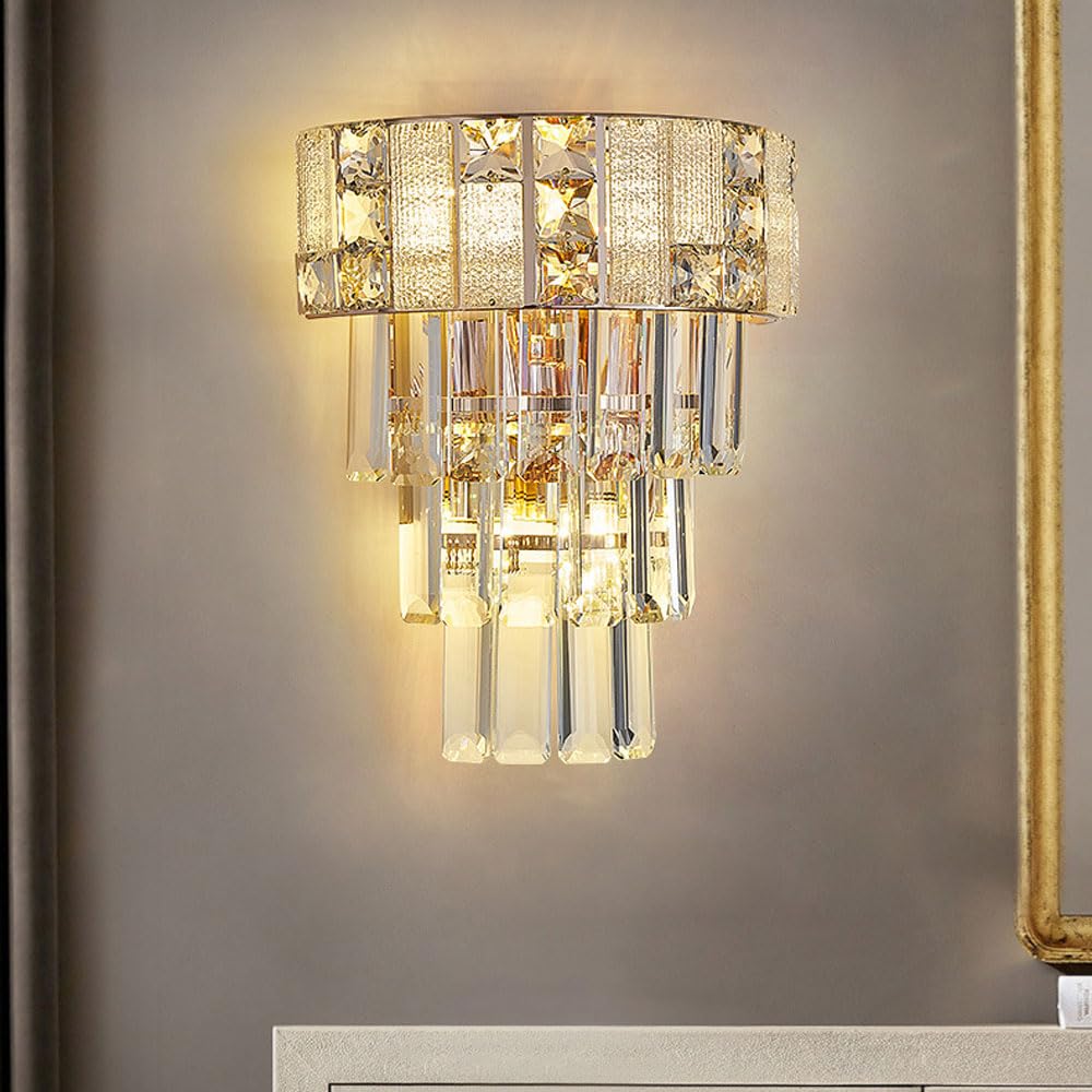 MYUYEE Crystal Wall Sconce, 4-Tiers Crystal Wall Lights For Living Room, Amber K9 Crystal Wall Lamps, Wall Mount Dining Room Kitchen Bedroom Hallway Lighting Fixtures