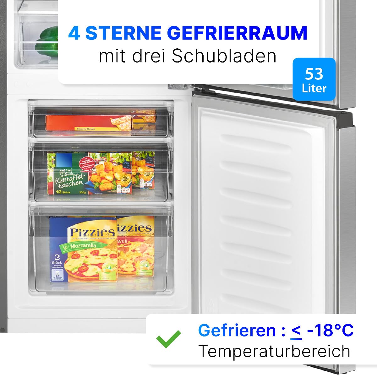 Bomann® Kühlschrank mit Gefrierfach | Energieklasse D | 143cm | Kühl Gefrierkombination leise 39 dB | 3 Ablagen & 3 Schubladen | Türanschlag wechselbar | 175L Kühlgefrierkombi | KG 322.1 inox