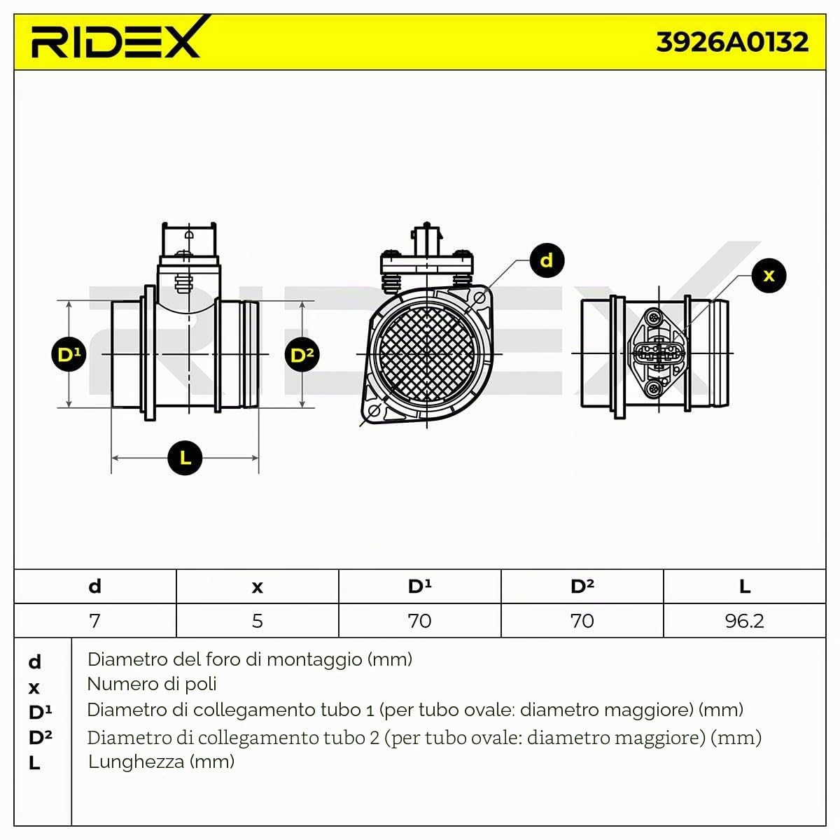 RIDEX 3926A0132 Debimetro con sensore temperatura aria integrato Compatibilità con ALFA ROMEO 147 937