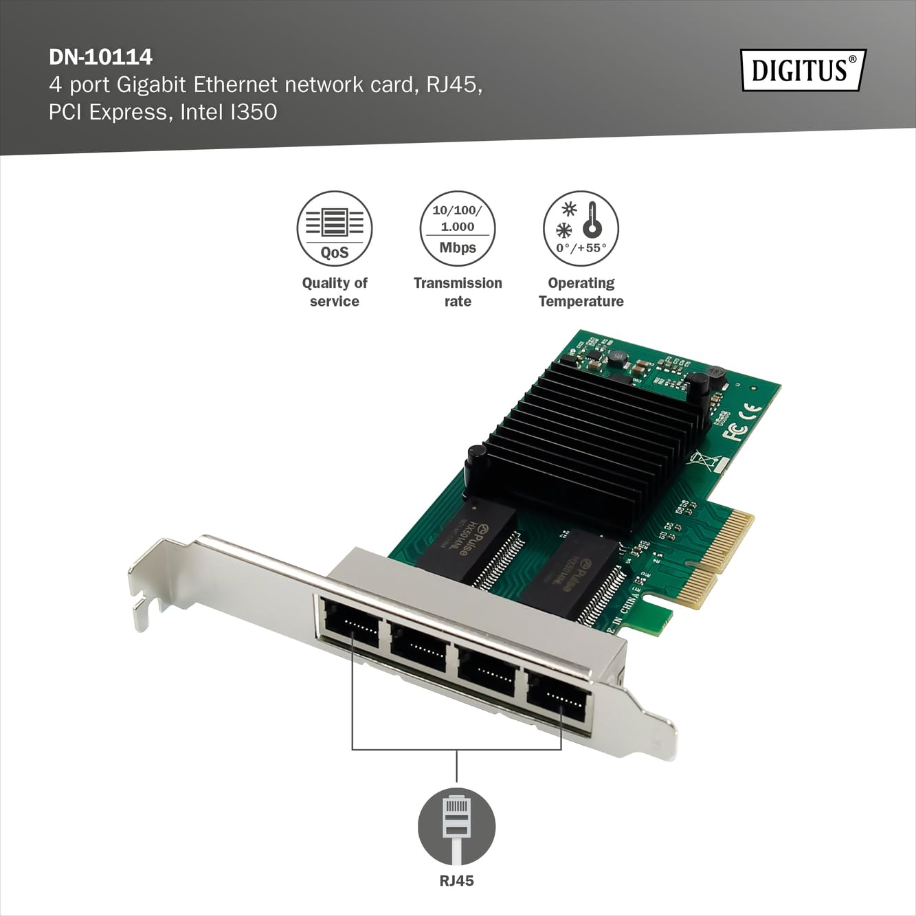 DIGITUS Karta sieciowa Gigabit Ethernet Server - 4 porty RJ45 - NIC - Intel I350 - bezhalogenowa - 10/100/1000 Mbps