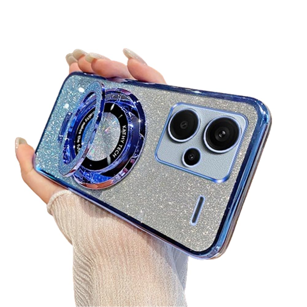 Sparkle Cute Stand Case for Xiaomi Redmi Note 13 Pro+ Plus 5G, Slim Clear Glitter Bling Card Shockproof Protective Women Girls Case - Blue YD