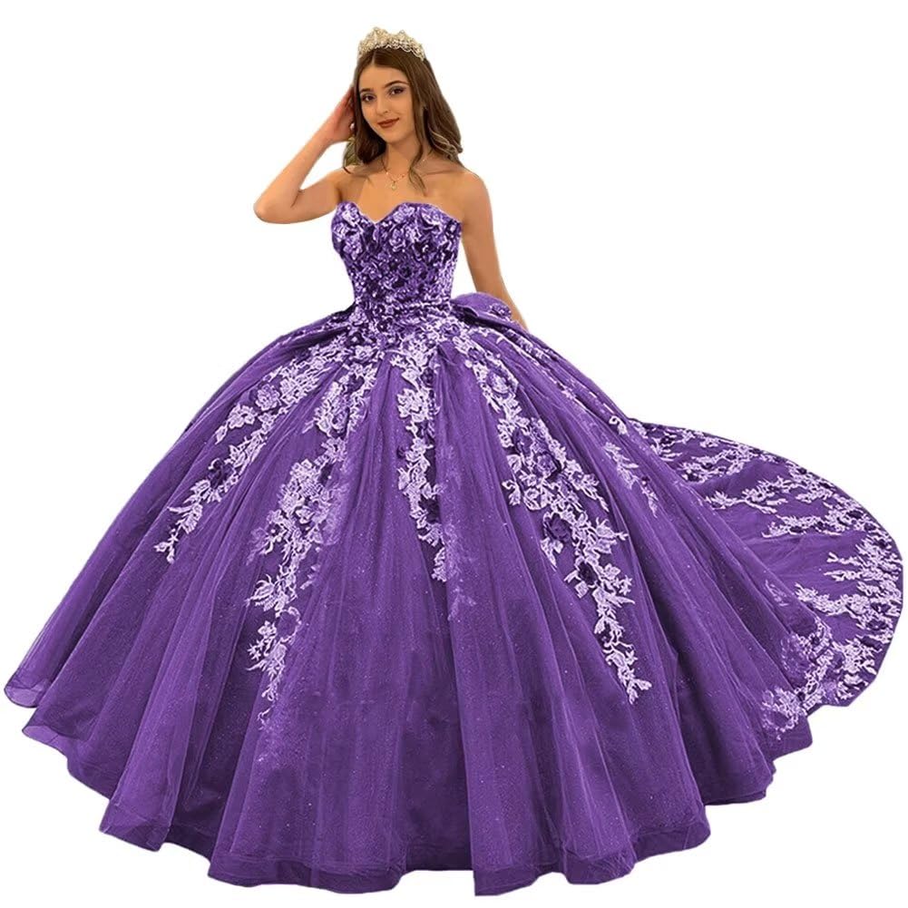 Mouccy Luxury Lace Strapless Quinceanera Dresses Puffy Beaded Long Ball Gowns with Train 3D Floral Sweet 16 Dresses with Bow