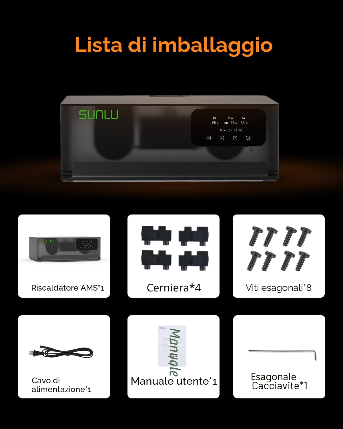 SUNLU Ufficiale AMS Heater, Asciugatura e Stampa Simultanea, Asciugatore per filamenti per stampante 3D per AMS Gen 1, Controllo Umidità Intelligente, 70°C in 20 Min, Capacità 4 Bobine