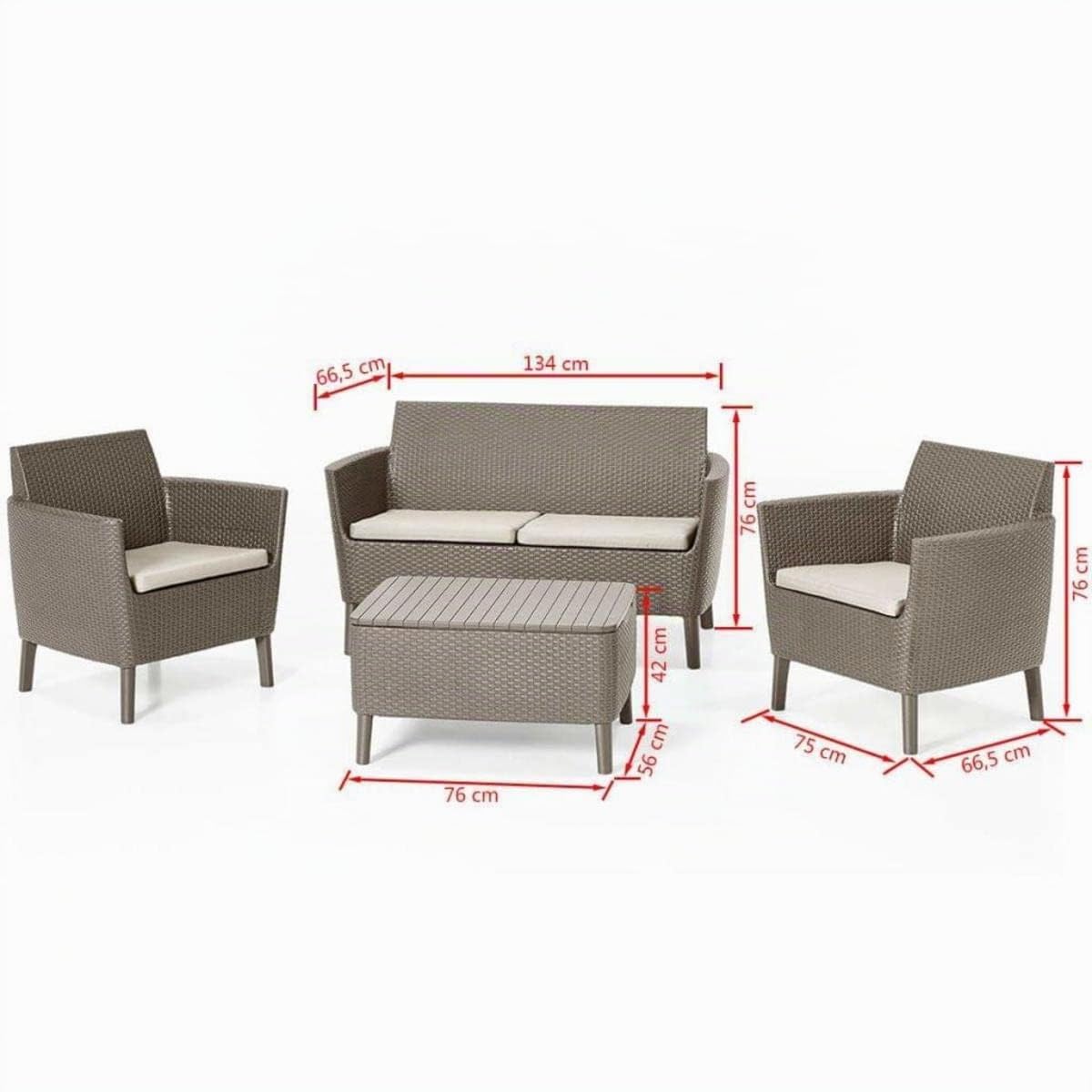 Keter Salemo Lounge Set Muebles De Jardín De Ratán con Sofá De 2 Plazas 2 Sillones Y Mesita Porta Almohadas, Cappuccino