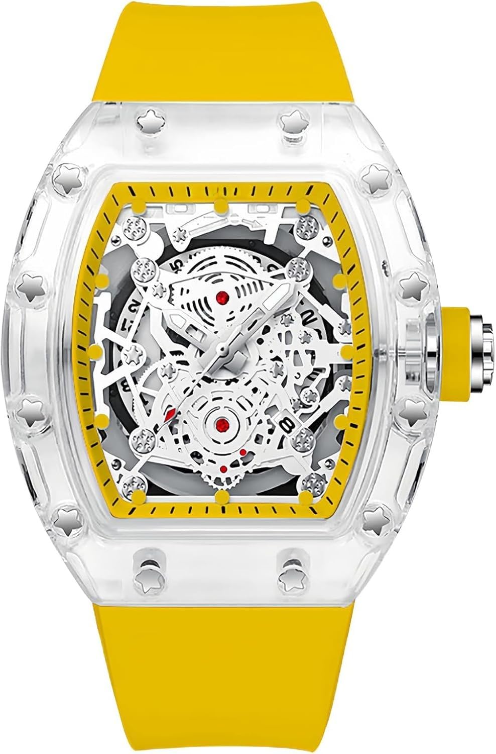 Unique Hollowed Skeleton Analog, Watches for Men Fashion Tonneau Water Resistant, Sports Transparent Business Silicone Strap with Shock Resistant — view 10