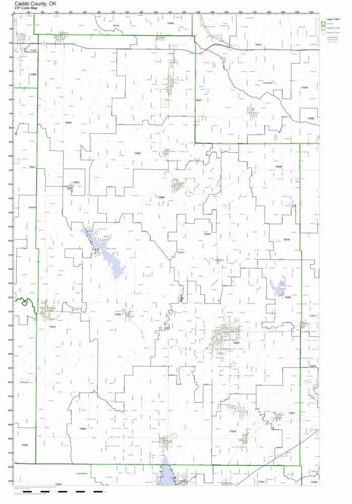 Caddo County, Oklahoma OK ZIP Code Map Not Laminated