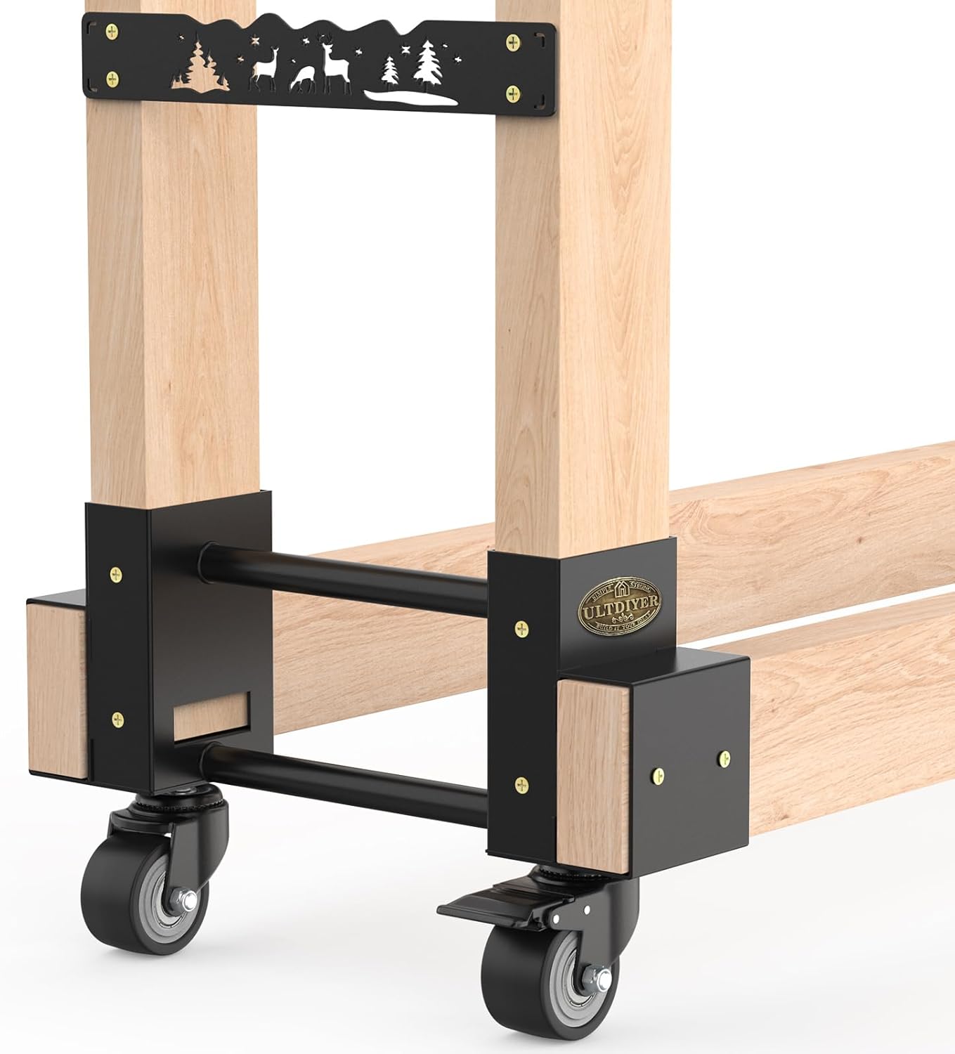 Widened Outdoor Firewood Rack Brackets with Caster Wheels, Heavy Duty Fireplace Wood Storage Holder, Fireplace Wood Holder For Patio Deck, Adjustable to Any Length