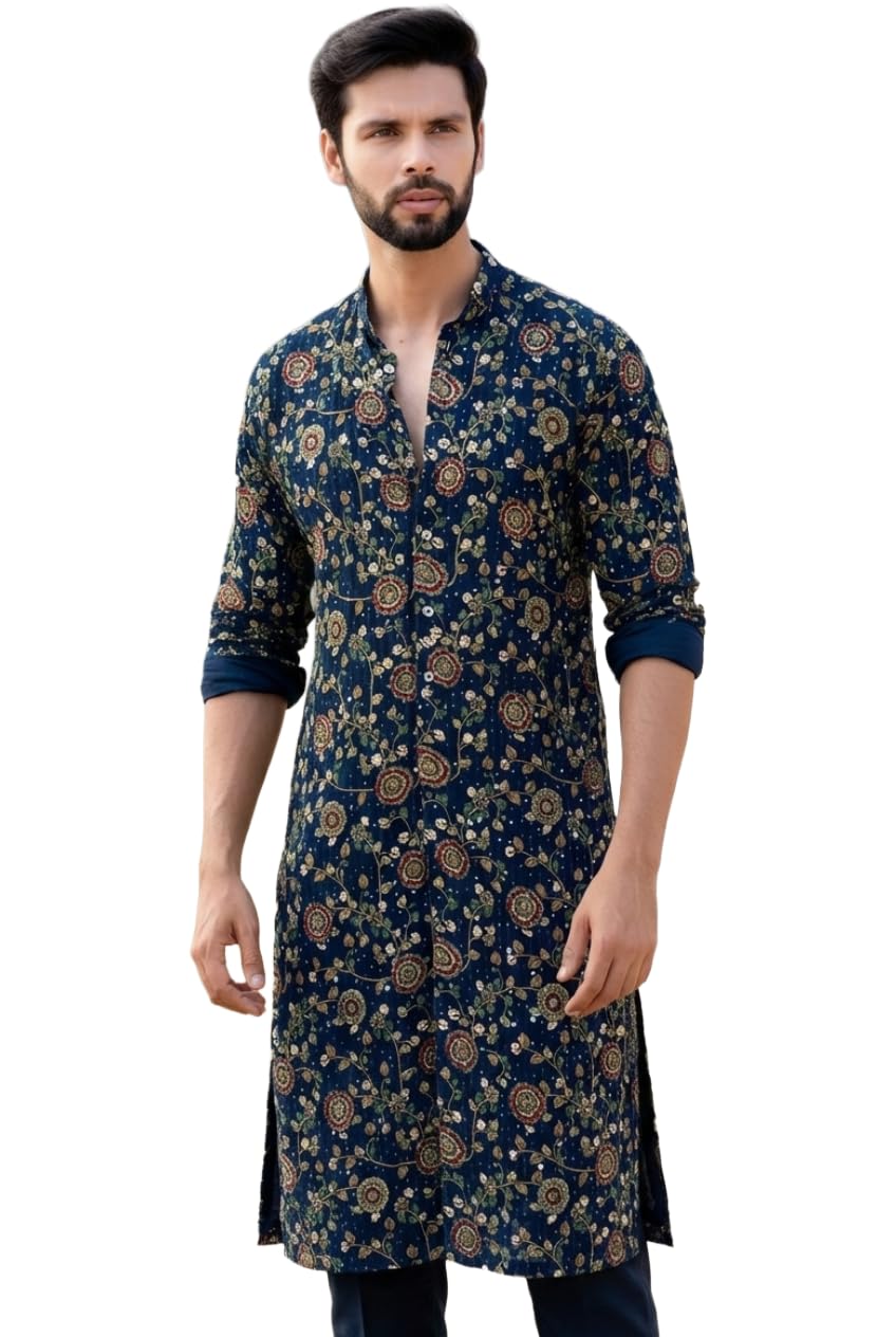 Mens Traditional Floral Print Cotton Kurta, Navy Blue with Mandala Pattern, Long Sleeve Ethnic Wear