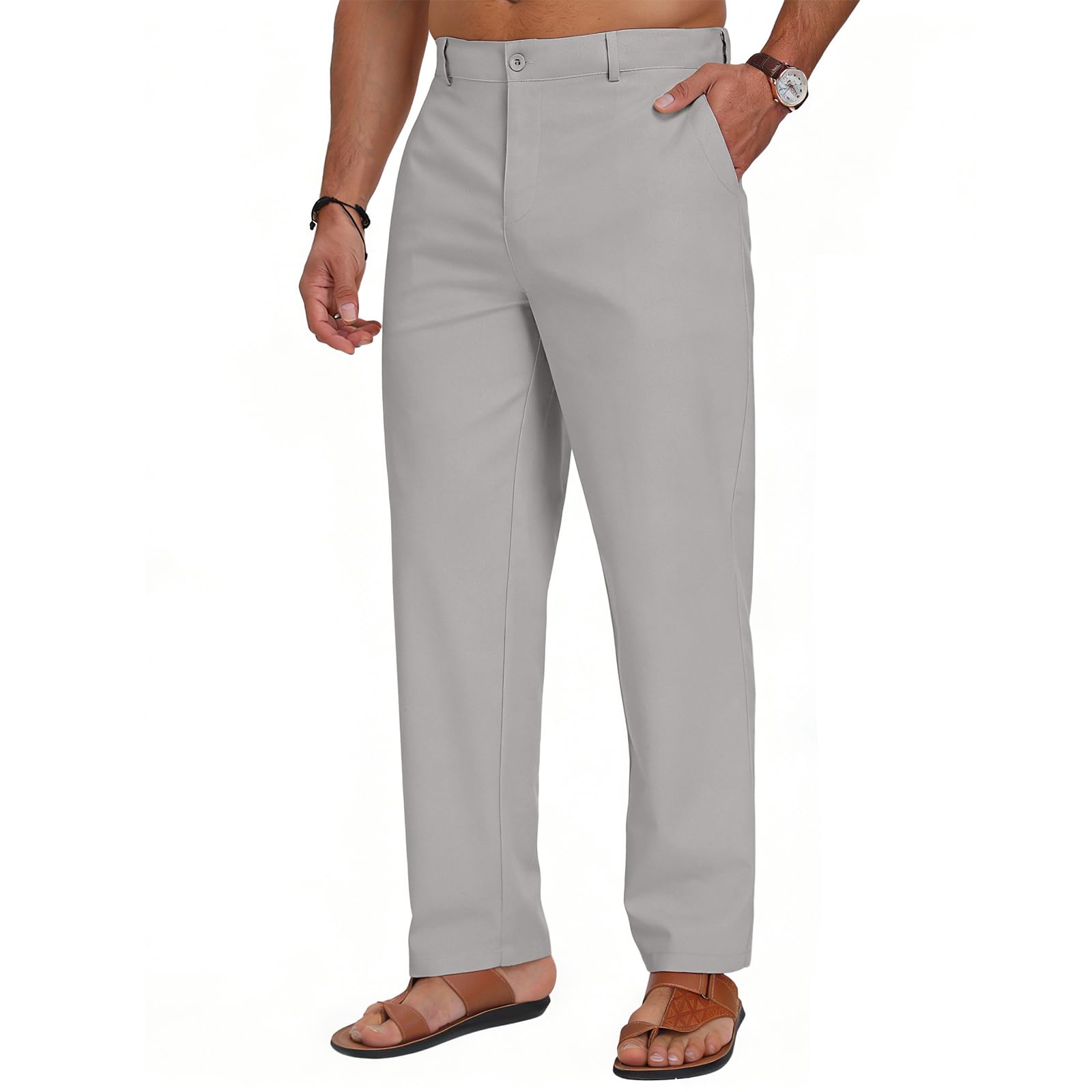 Puimentiua Herren Leinenhose Freizeithose Lang Anzughose leichte Sommerhose mit elastischem Bund und Kordelzug Reißverschluss atmungsaktiv für Urlaub Strand Alltag