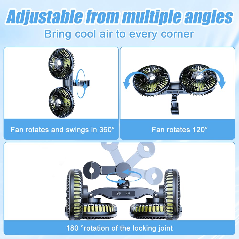 Mineup Ventilatore Per Auto Doppia Testa, Ventilatore USB Per Auto Per Sedile Posteriore, Ventilator 360° Ruotabile Portatile, 3 Velocità, Controllo Separato, Ricaricabile, Per Camion Furgone SUV RV
