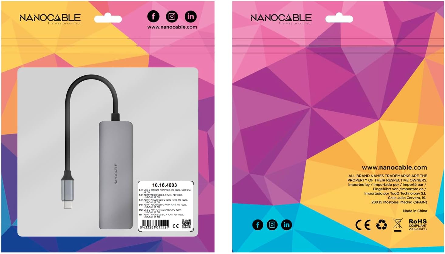 NANOCABLE 10.16.4603 – USB-C 3.1 to RJ45 Adapter, with PD 100W, USB-C/M, Aluminium, Grey, 18 cm