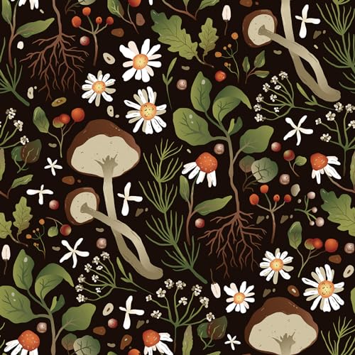 VaryPaper Selbstklebende Tapete Pilz Tropische Blätter 44.5cmx200cm Fototapete Blumen Vintage Dekofolie Möbelfolie Muster Klebefolie Möbel Schwarz Matt Tapeten Kinderzimmer Wohnzimmer Schrankfolie