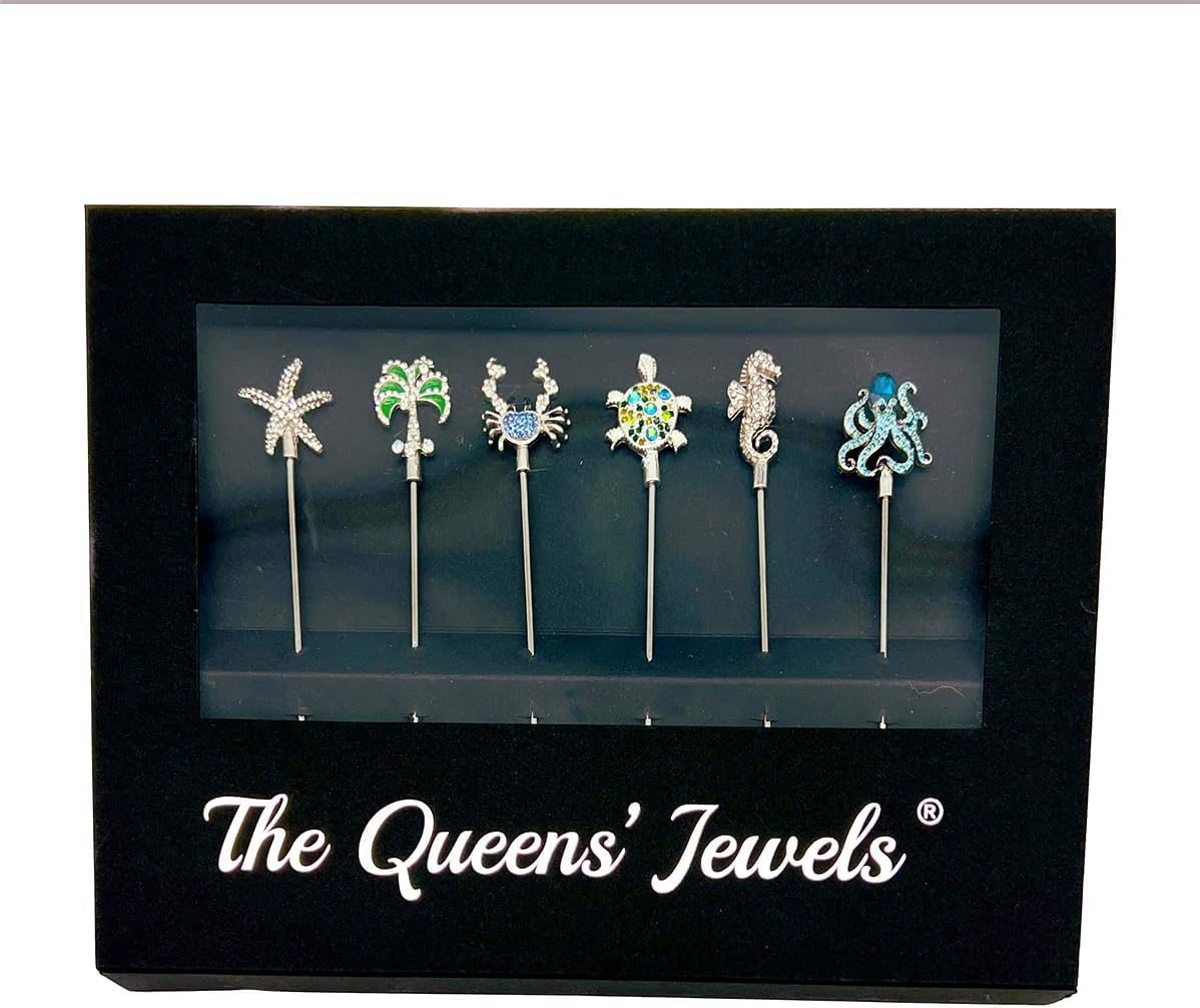 THE QUEENS' JEWELS The Beach Collection Jeweled Cocktail Picks - Unique Gift for Women, Birthday, Cute, Fun, Not Painted, Decorated, Bling, Bedazzled, Rhinestone