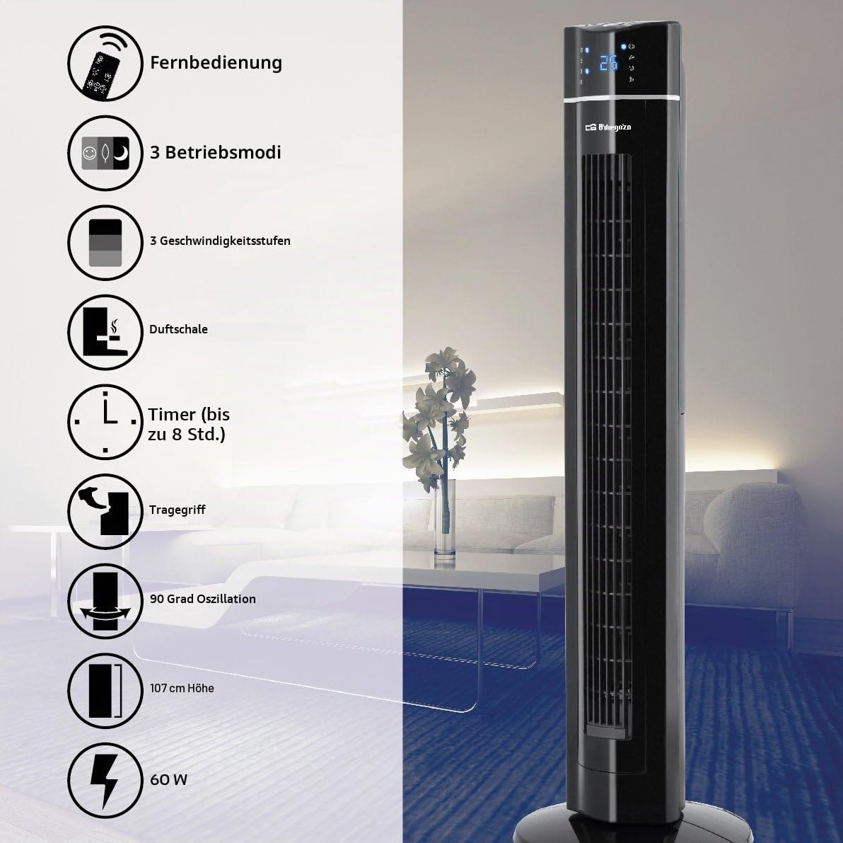 Orbegozo TWM 1009 - Turmventilator mit Fernbedienung, ionisch, 60 W, drei Stufen, Fach für Essenzen, vorderes LED-Paneel, Schwarz