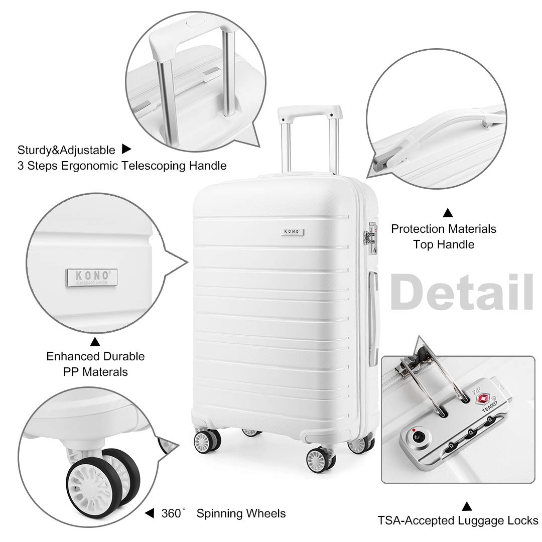 KONO Valigia Grande 76cm Rigida in Polipropilene Valigie con TSA Lucchetto e 4 Ruote Trolley da 28 Pollici, Bianco