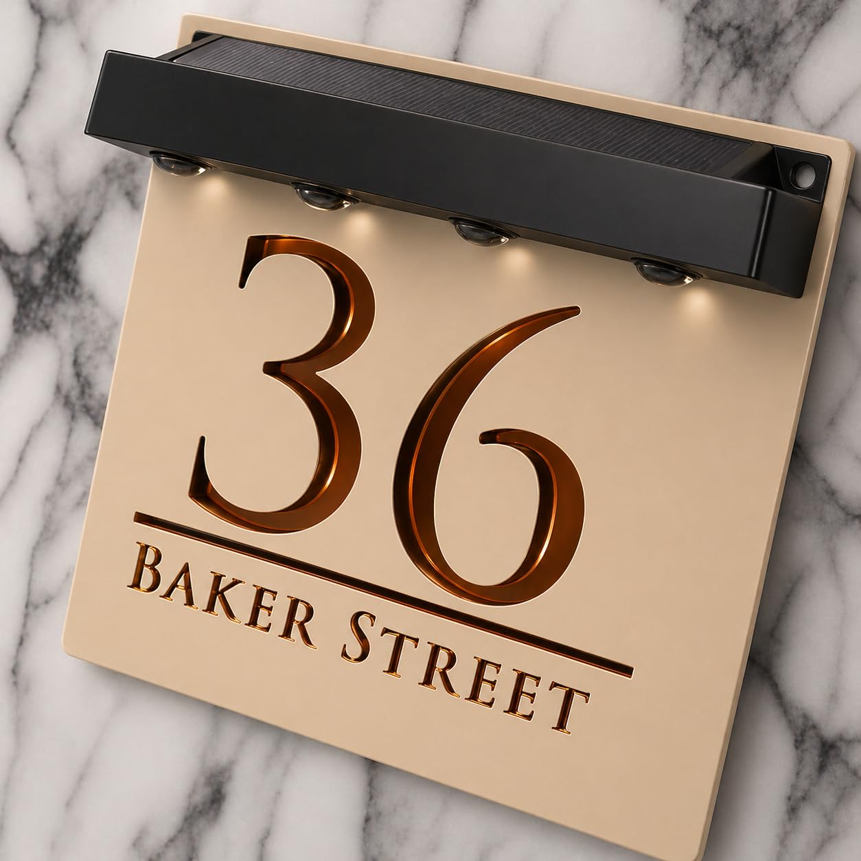 K Smart Sign | Bellissima S1 LED F32 | Square Solar Light House Signs Door Number Plaques With LED Personalised Name Address Sign For Wall With Classic Text (Matt Khaki & Copper Mirror)
