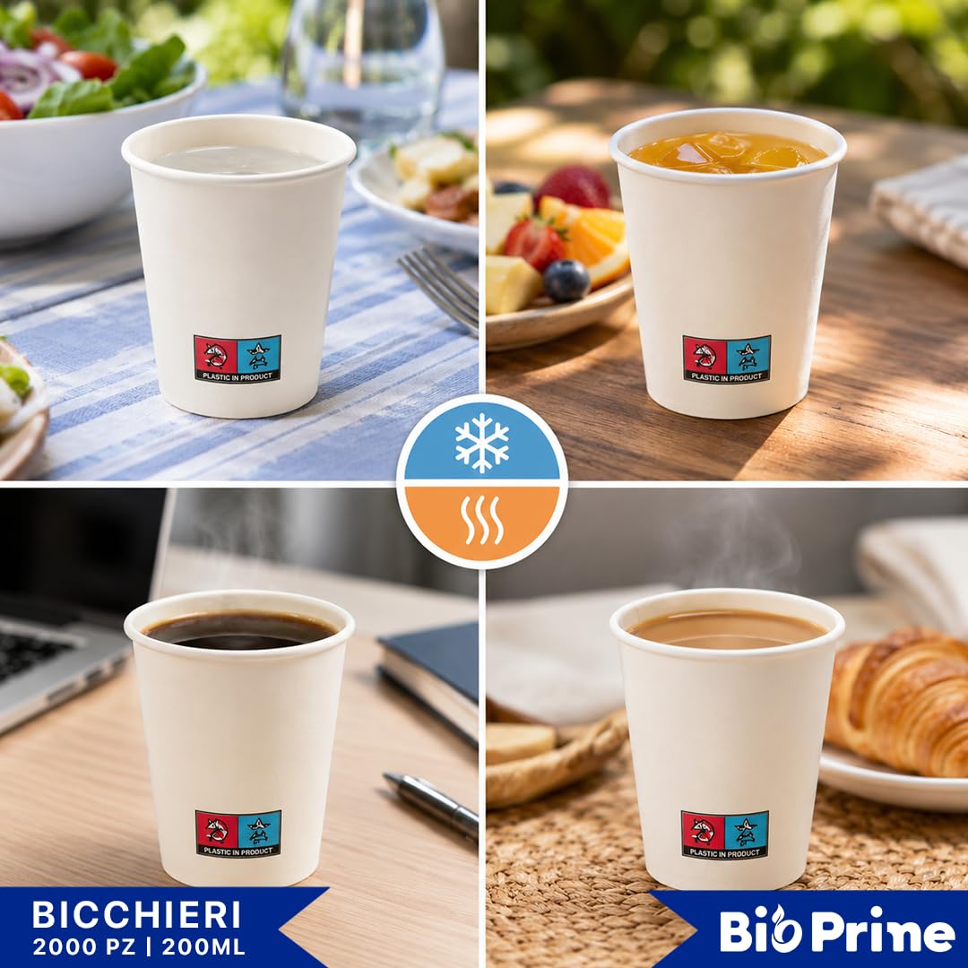 Bicchieri Acqua in Carta 200ml - Biodegradabili - Per Bevande Calde, Acqua e Bibite - Bicchieri Usa e Getta. (Bianco, Quantità 2000pz)
