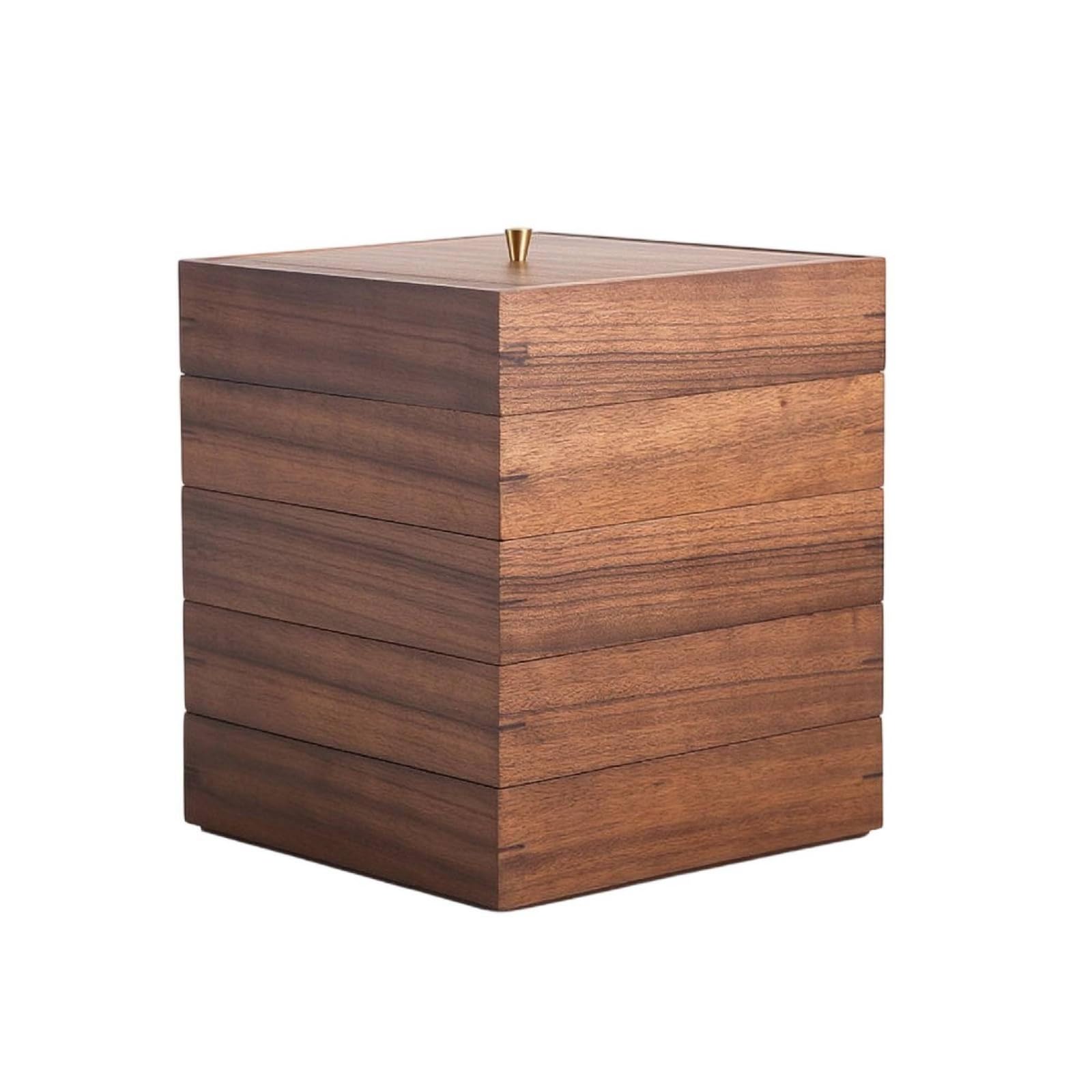 Boîte de Rangement Thé Boîte Coffret Organiseur en Noyer Massif avec Couvercle et Bouton Laiton pour Conserver les Galettes de Empilable et Modulable, Diamètre 22,7 Cm, Hauteur 25,6 Cm