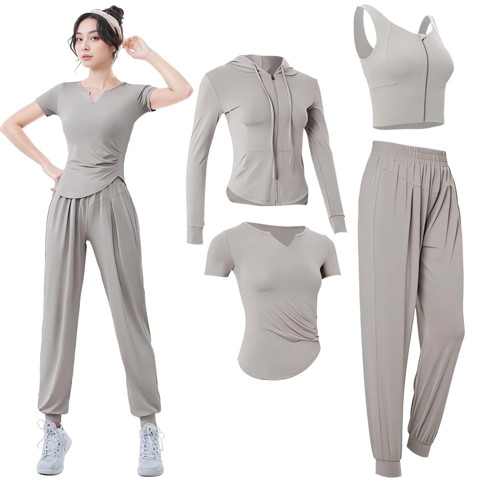 WomenS 4-Piece Workout Set With Jacket Bra Pants Tee Long Sleeve Gym Activewear Breathable Xxl Training Outfits Sweat-Wicking