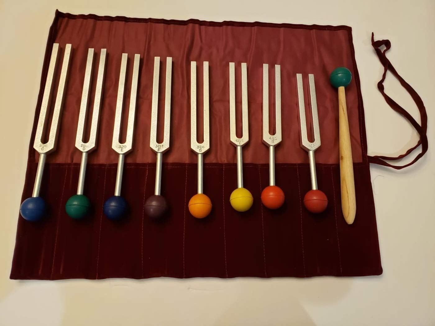 Yantra Set of 8 Solar Harmonic Spectrum Tuning Forks with Mallet and Velvet Pouch with Removable Balls