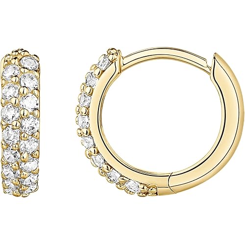 PAVOI 14K Gold Plated Sterling Silver Post Cubic Zirconia Huggie Earrings | Small Round Huggie Stud Fashion Hoop Earrings for Women in Gold Plating