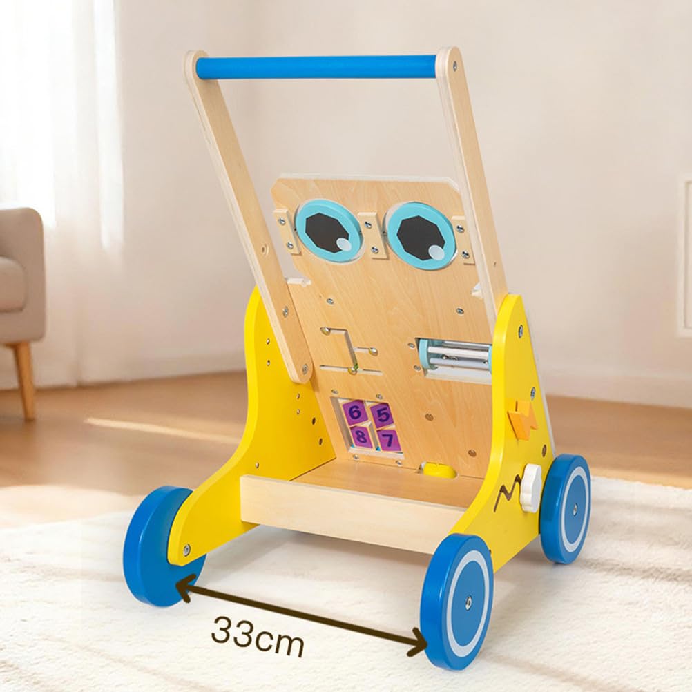Drewniany chodzik dla niemowląt w kształcie robota, pchacz z panelem do zabawy