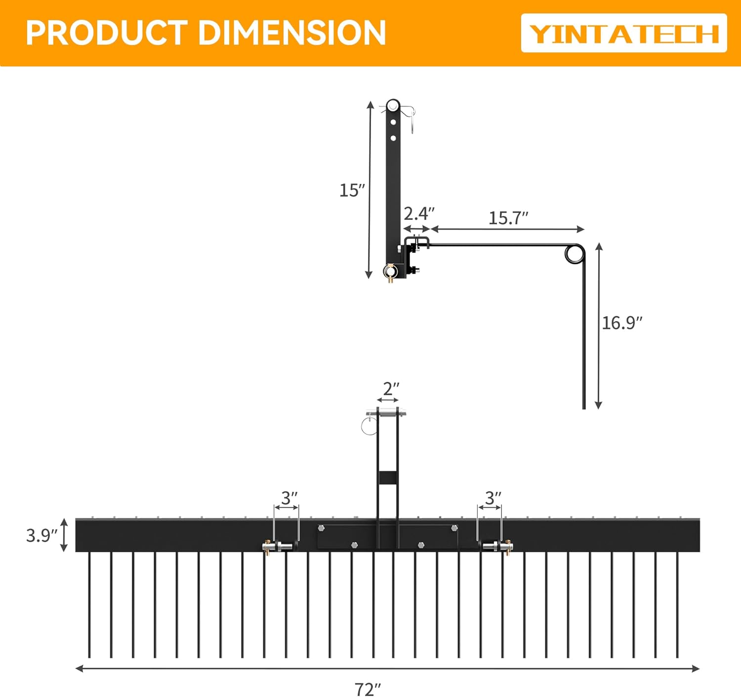 YINTATECH 72in 3 Point Tractor Rake, Pine Straw Needle Rake Tow Behind, Landscape Rake Attachment for Cat 1, Black