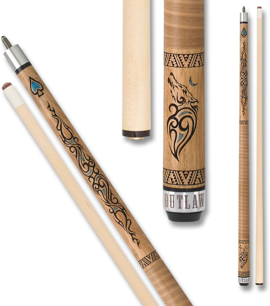 OUTLAW OL33 Thunder Pool Cue - Brown Stained Maple with Wolf Design and Hints of Turquoise - 18oz