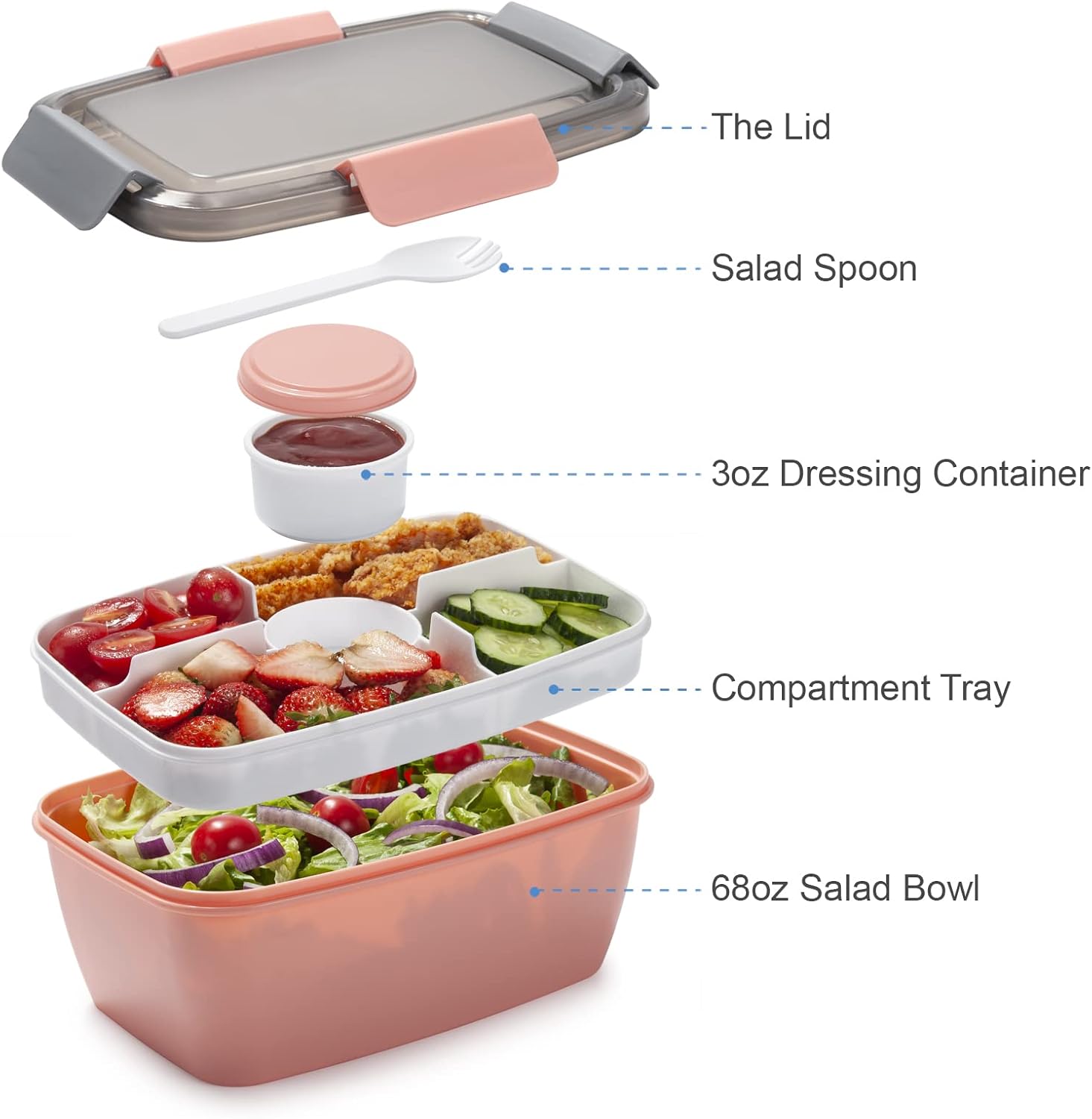 Freshmage Salad Lunch Container To Go, 68-oz Bowls with 4 Compartments, Dressing Container for Toppings, Snacks, Men, Women (Pink-XL) - Image 2