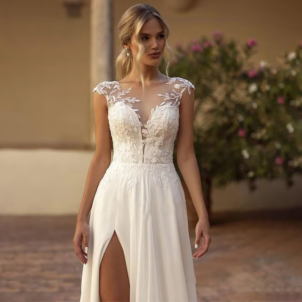 Robe de mariée pour femme avec dentelle - Longue robe de plage bohème avec fente élégante - Ligne A - Robe de mariage