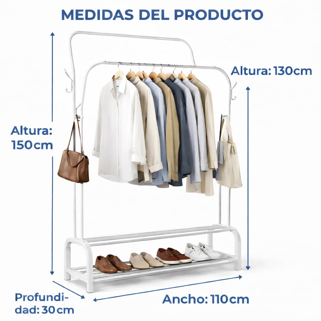 T-LOVENDO.ES Perchero Burro Doble Ropa Metálico Negro con Zapatero Inferior | Estante con Estructura Curva | Barra Colgador Resistente | Dormitorio Vestidor Entrada Organizador de Ropa y Zapatos — view 3