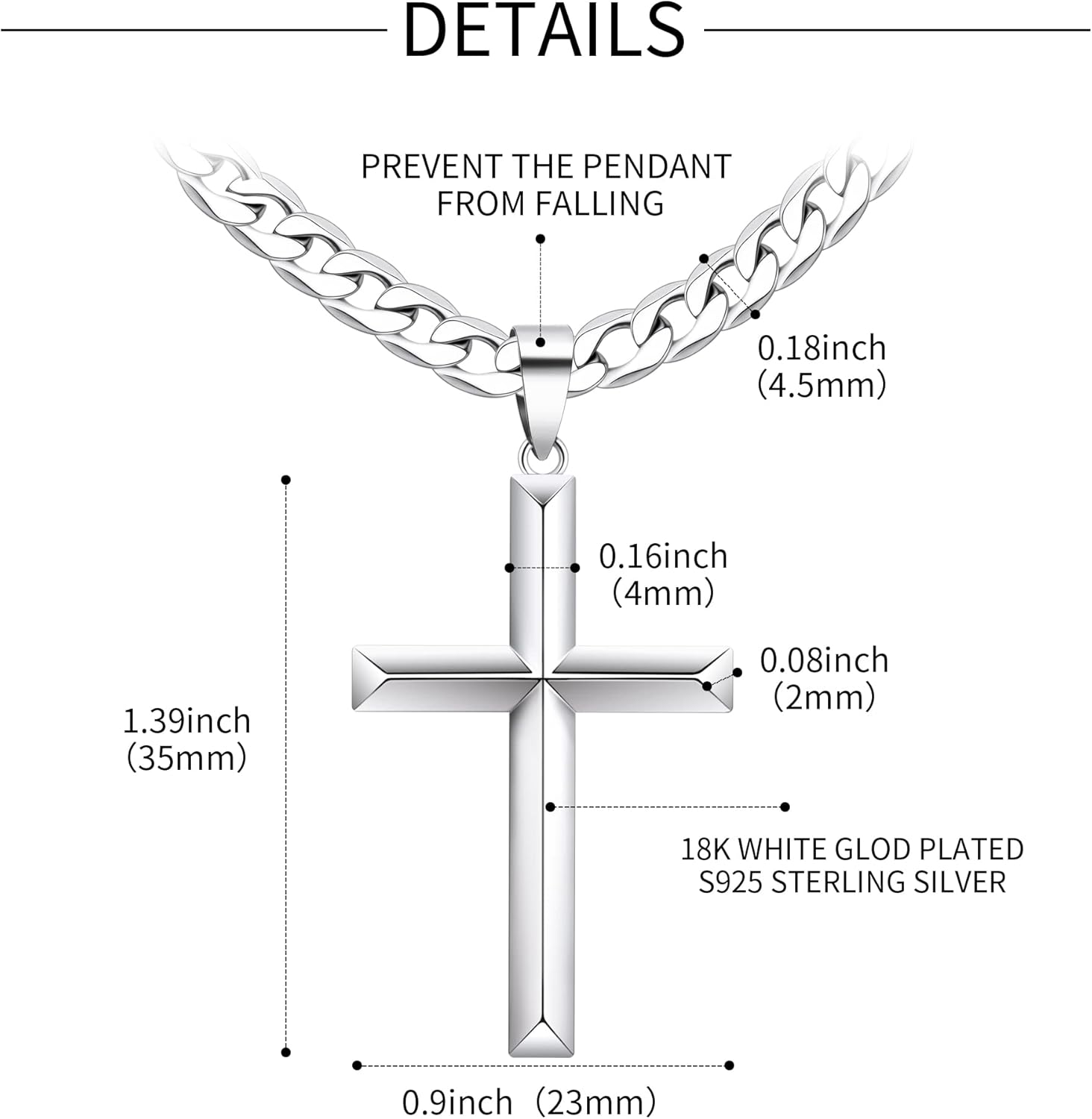 925 Sterling Silver Cross Necklace for Men Women with Stainless Steel Durable Cuban Link Chain Polished Beveled Edge Cross Chain Pendant Necklace Jewelry 16-28 Inches - Image 3