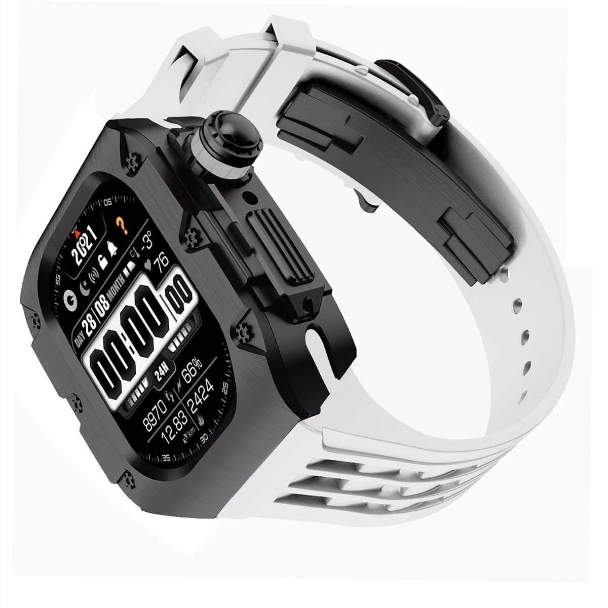 Romluous Case and Band Set for Apple Watch Ultra 2 49mm Series 9 8 7 45mm 44mm Titanium Cover Fluororubber Strap Mod Kit for Iwatch Series 6 5 4 Se(White BB,49mm)