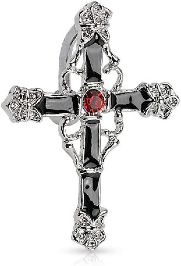 Pierced Owl 14G Black Enamel Colored Cross with Red Gem Center Rhodium Plated Top Drop Navel Belly Ring