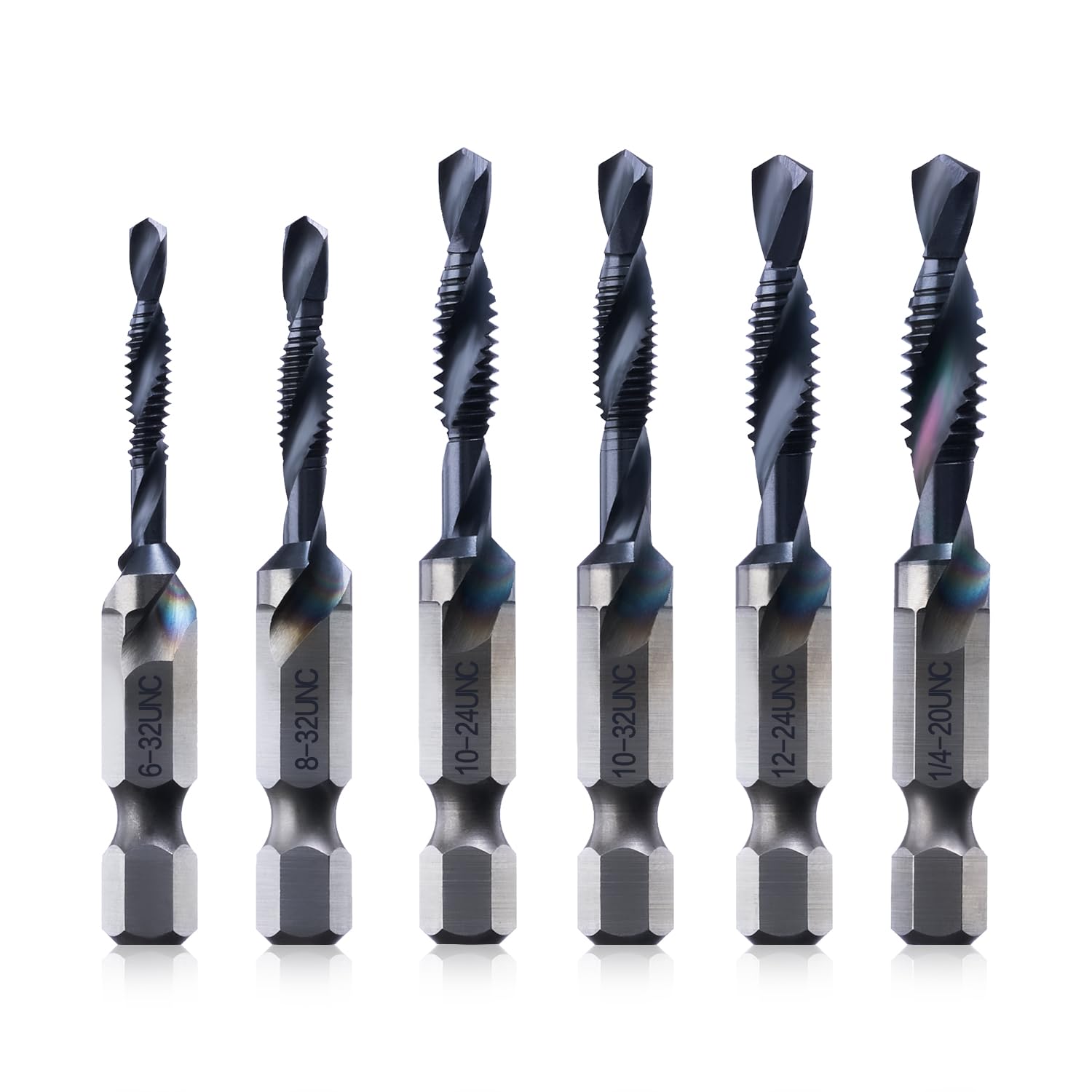 Kraftek SAE(6-32NC - 1/4-20NC) 6pcs Combination Drill and Tap Bit Set, Ultra TiAlN Coating M2 Drill Tap Set for One-Step Drilling, Tapping, and Deburring