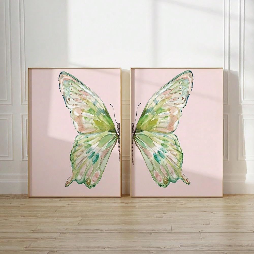 ZBELLO Pink Pastel Butterfly Wall Art Set of 2, Unframed Watercolor Split Wing Prints, Aesthetic Boho Posters for Bedroom Living Room Decor (40x50cm)