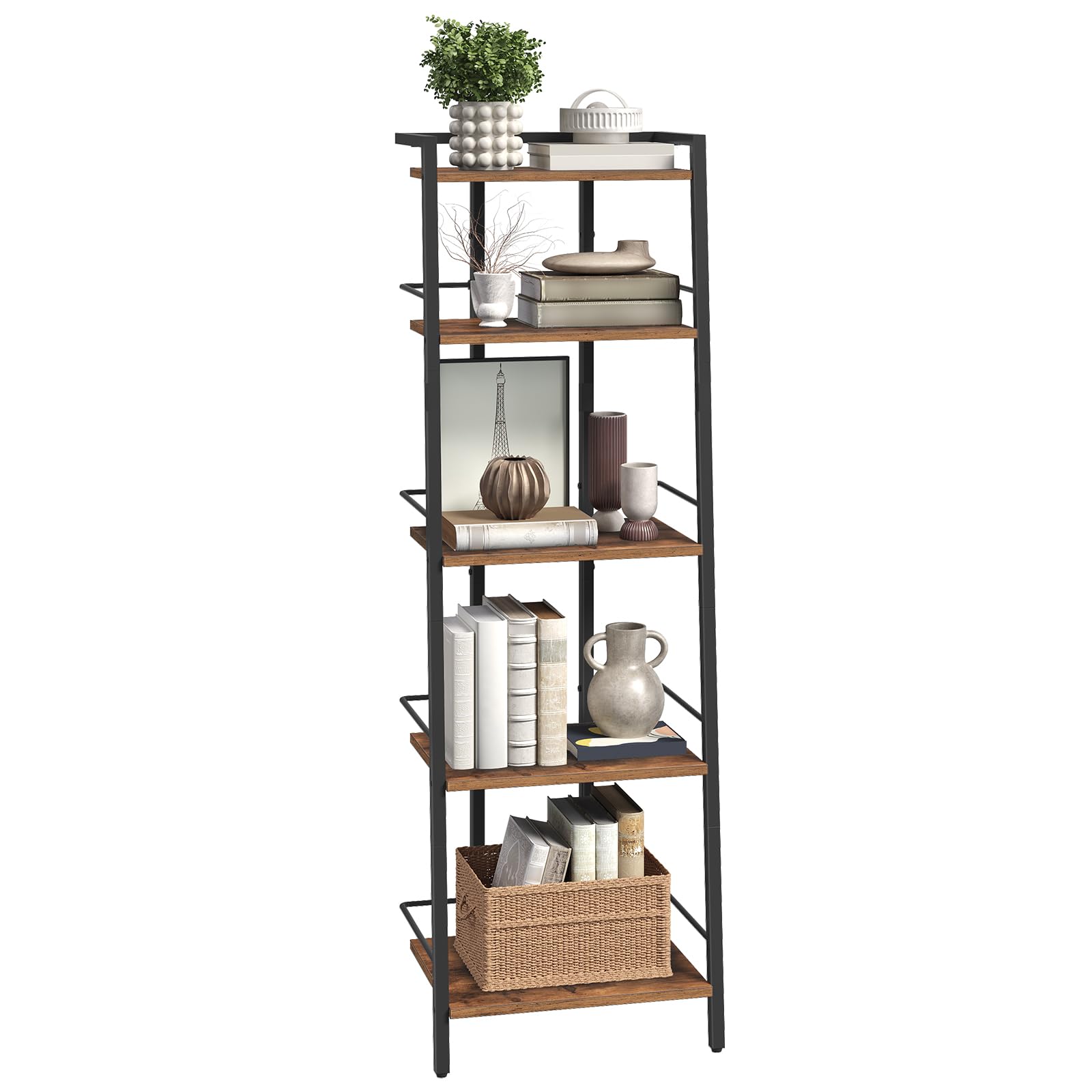 MAHANCRIS Estantería Trapezoidal, Librería de Estilo Industrial de 5 Niveles con Barandillas, Biblioteca Independiente, para Sala, Dormitorio o Despacho, Marrón Vintage y Negro ALSHR3501