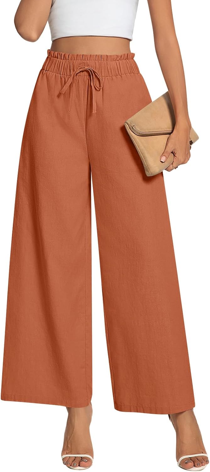 Anyally Women's Linen Summer Palazzo Pants Casual Flowy Wide Leg Drawstring High Waist Beach Trousers with Pockets - Image 5