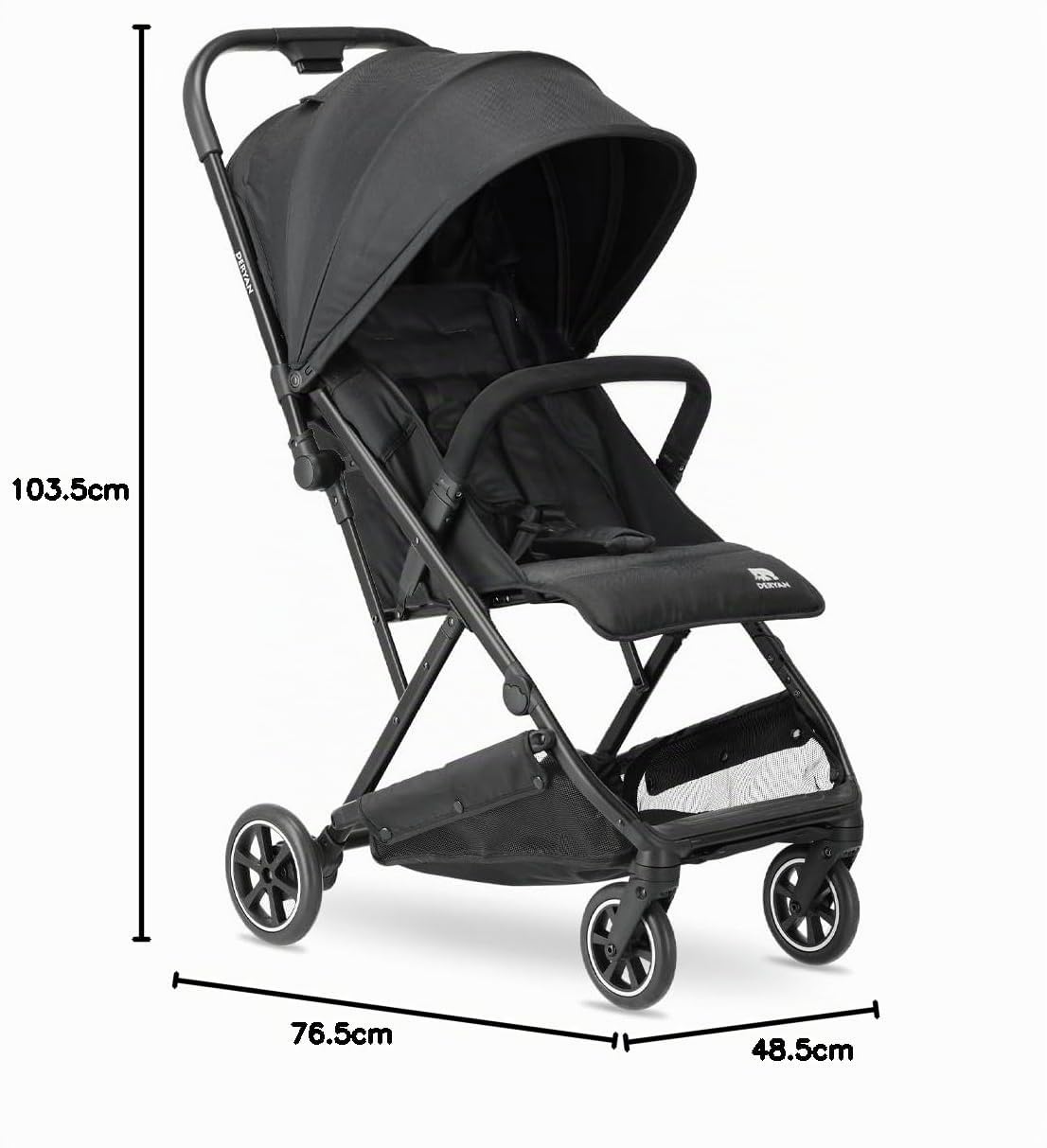 Deryan Easy, Passeggino 0+ Mesi-22 Kg, Passeggino Leggero con Chiusura Smart e Compatta, Capotte Estensibile con Trattamenti UV50+ Antipioggia, Regolabile, Poggiagambe, Nero