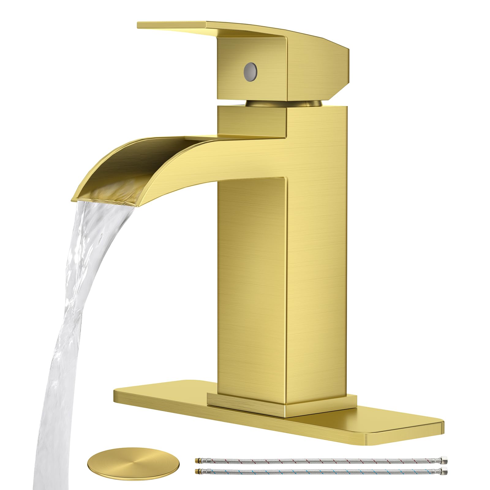 CREA Robinet de salle de bain cascade doré brossé 1 trou poignée unique robinet d'évier de salle de bain avec drain pop-up en acier inoxydable robinet mitigeur de lavabo ligne d'alimentation en eau