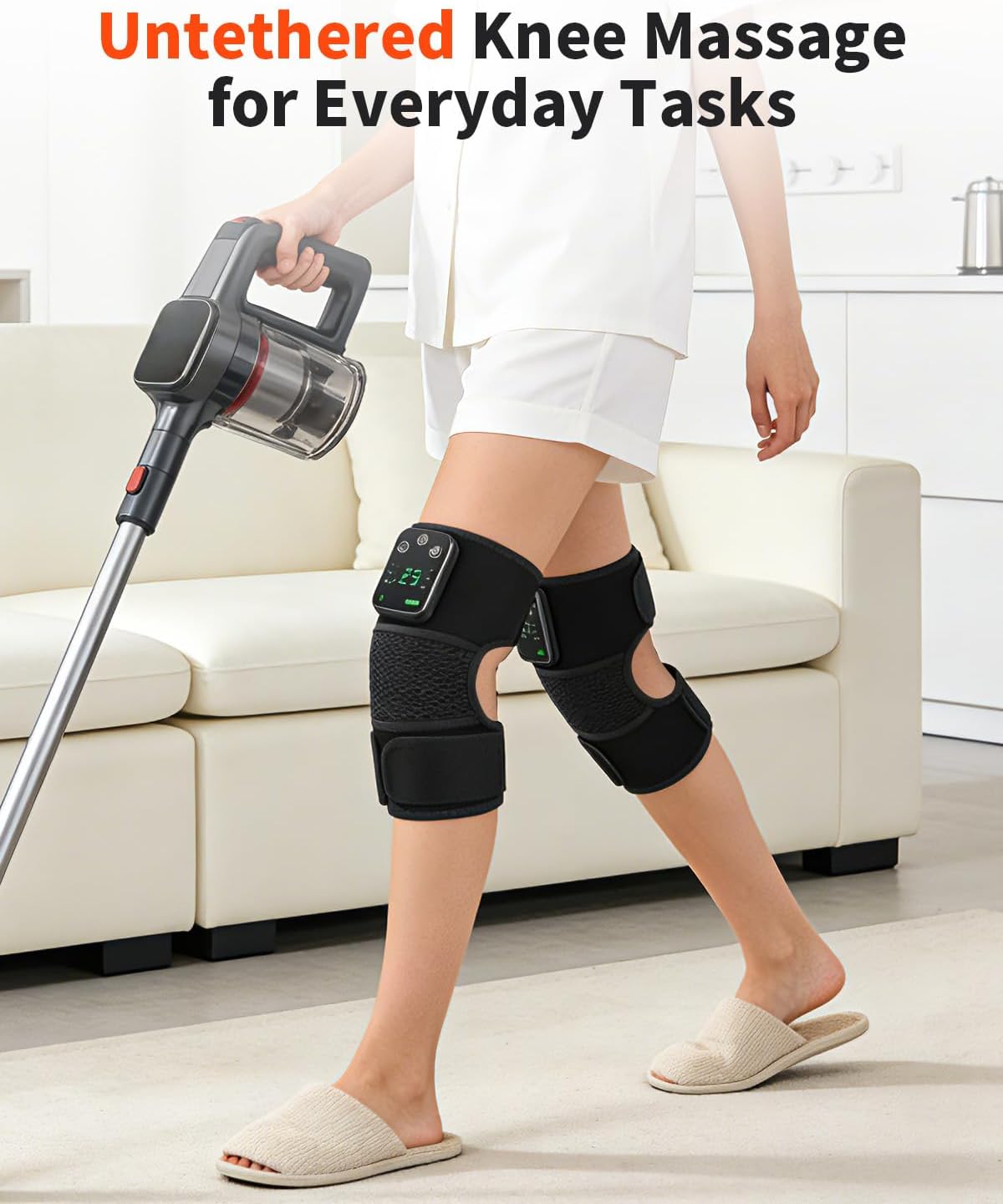 Cordless Knee Massager with Heat and Vibration for Pain Relief - Electric Heated Knee Brace Wrap with 3 Heat Levels & 3 Massage Modes, Portable Arthritis Joint Therapy for Men & Women (Black, Single)