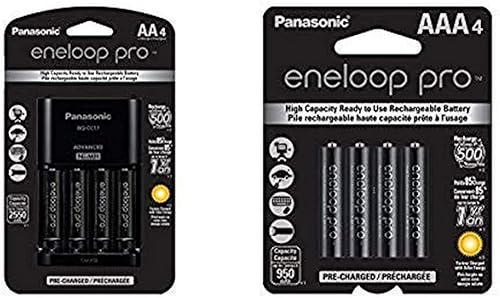 Panasonic Eneloop Pro - Paquete de cargador de batería con 4 pilas AA Ni-MH de alta capacidad K-KJ17KHCA4A 240V y baterías NiMh AAA BK-4HCCA4BA 1.2V